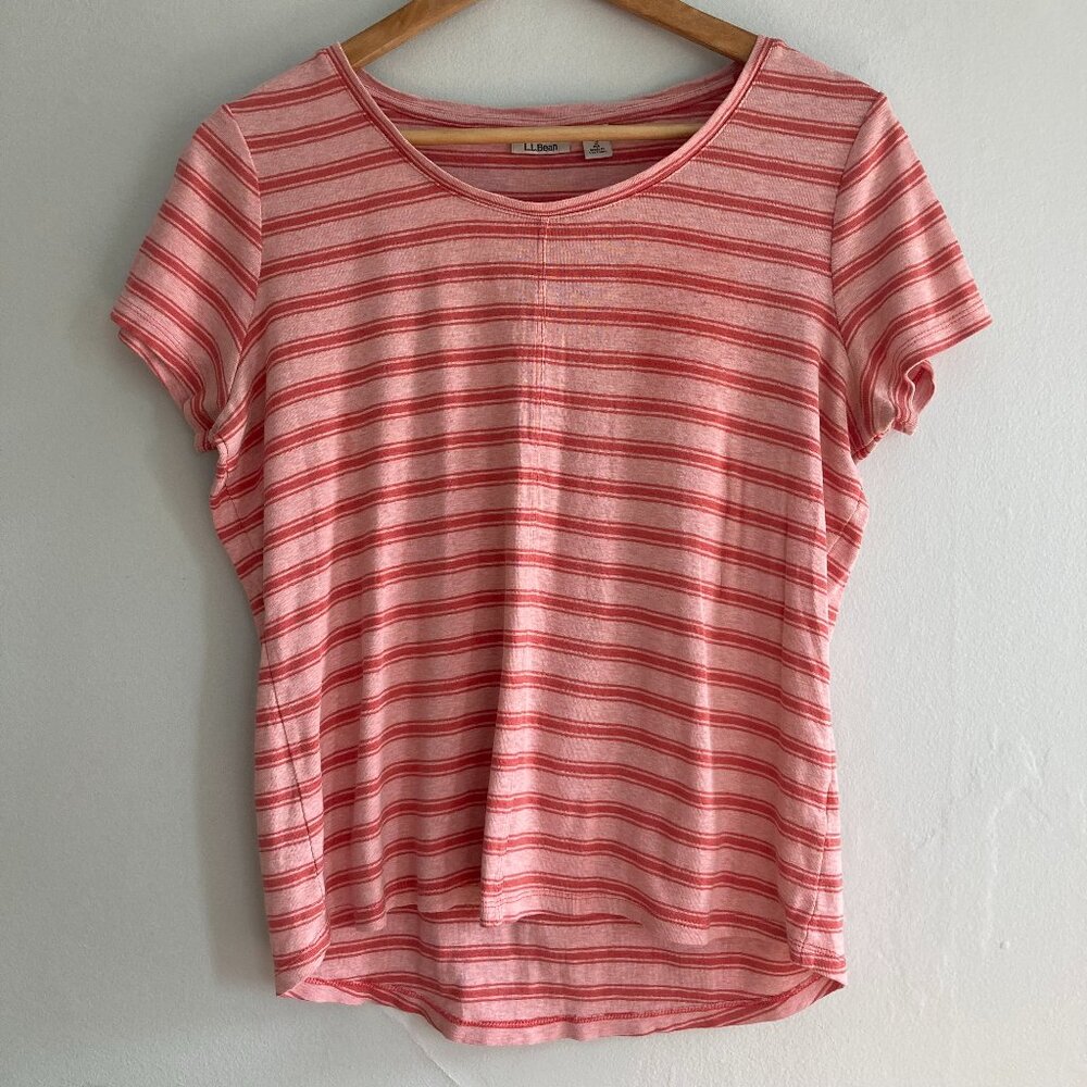 LL BEAN Cotton Striped Pink Short-Sleeve V-Neck Tee Shirt Women's SM